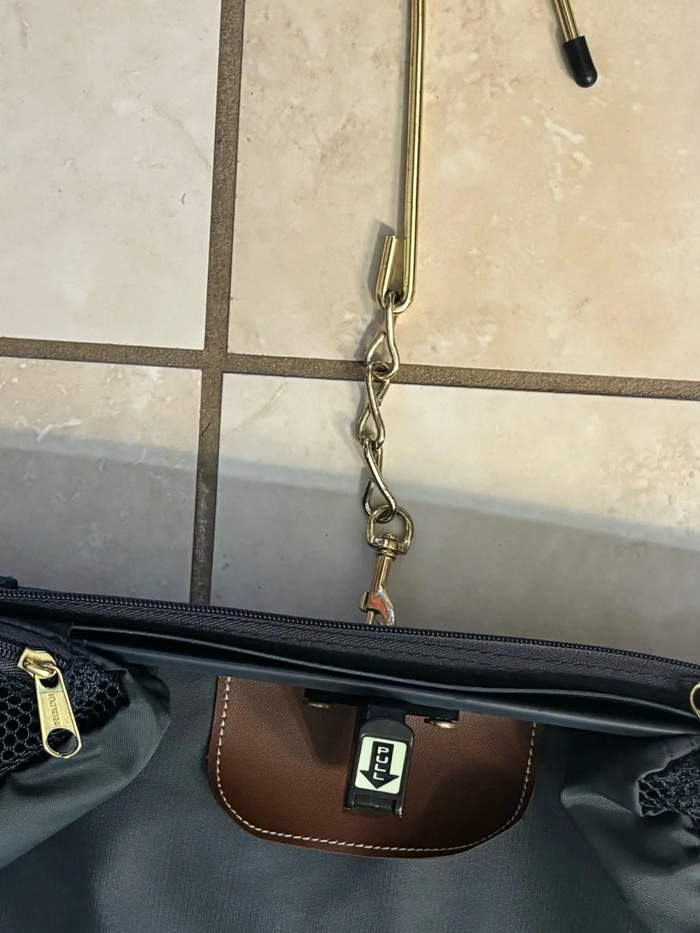 Express Navy Garment Bag with Brown Trim and Hanging Hook